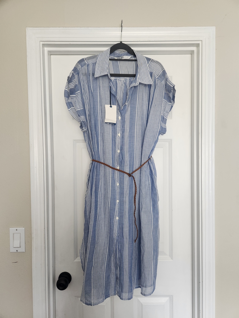 Zara Blue and White Striped Midi Shirt Dress